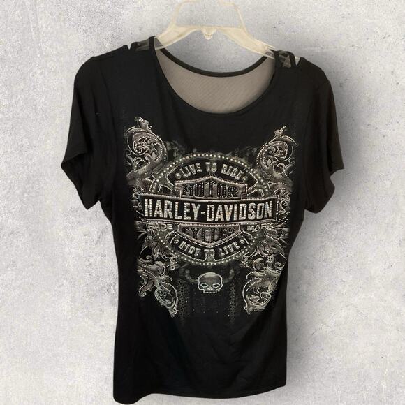 Harley‑Davidson Womens Large Devils Fume Embellished Mesh Back Tee Black - Picture 3 of 10